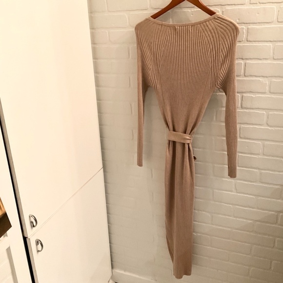 ASOS Mango Bow embellished Dress knitted Ribbed Midi belted Cream tan camel Sz L - Picture 11 of 16